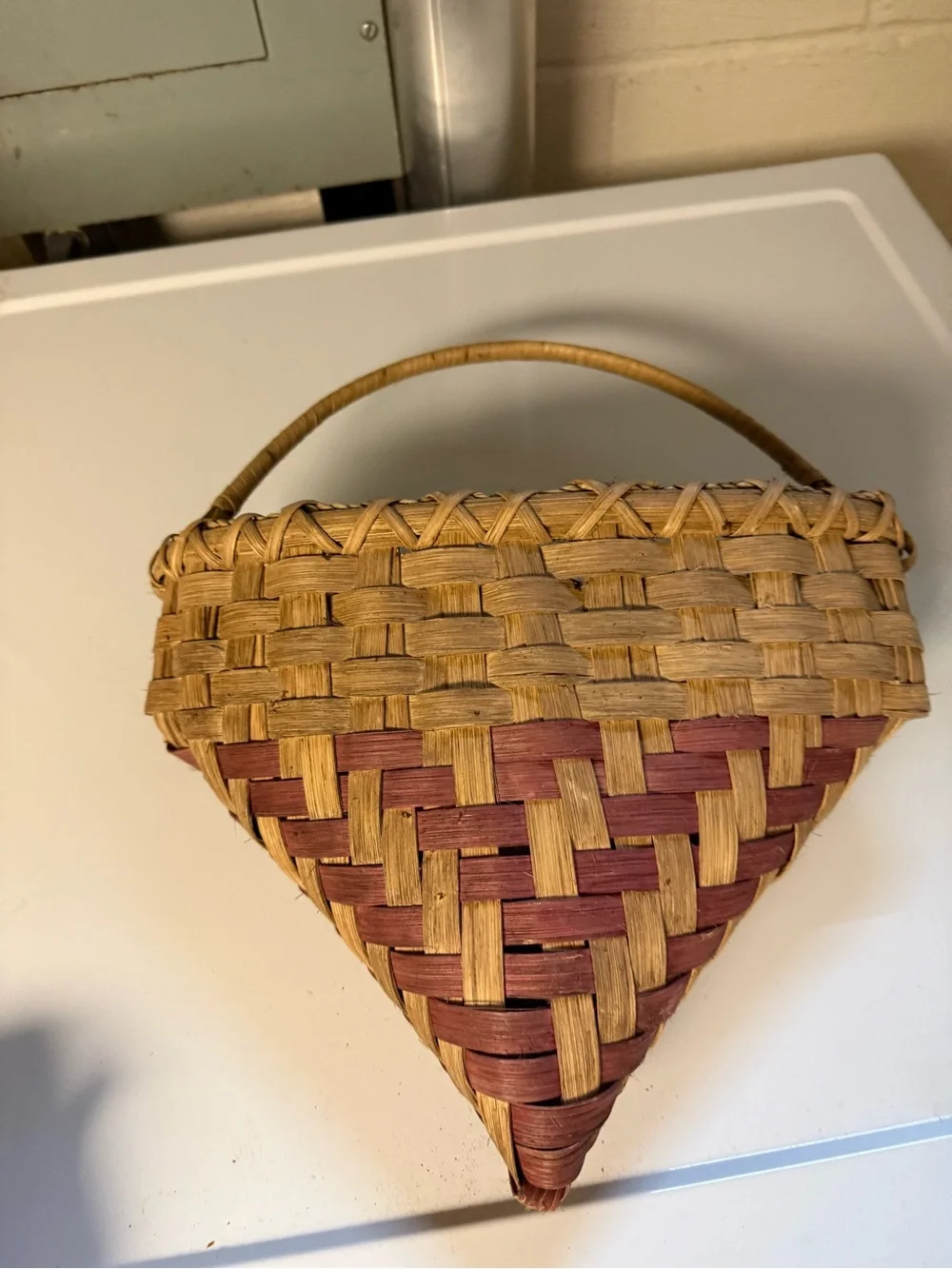 Vintage Hand Crafted Triangular Woven Wall Basket with Burgundy Accents Country